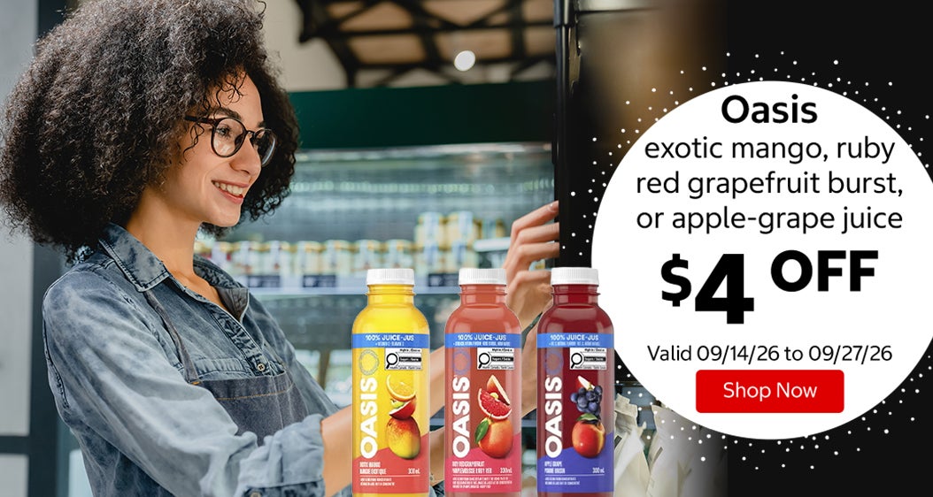 Oasis exotic mango, ruby red grapefruit burst, or apple-grape juice $4 OFF Valid 09/14/26 to 09/27/26 Shop Now 