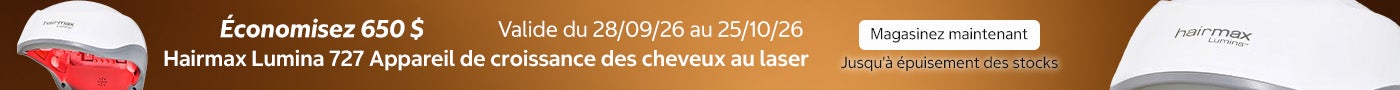 Hairmax Lumina 727 Appareil de croissance des cheveux au laser Économisez jusqu'à 650 $ Valide du 28/09/26 au 25/10/26 Magasinez maintenant Jusqu'à épuisement des stocks