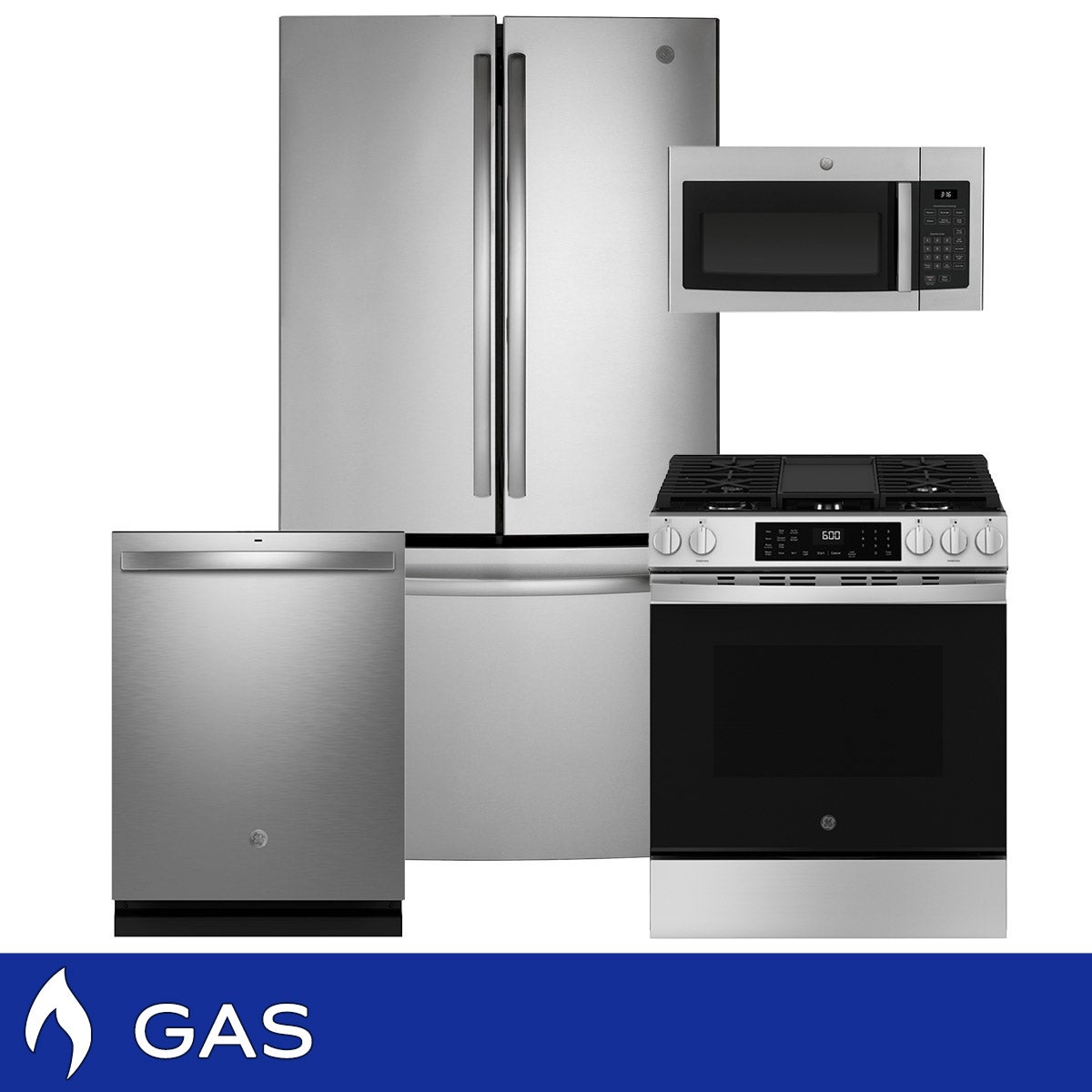 GE 4-Piece GAS Kitchen Package with 27 cu. ft. French Door Refrigerator