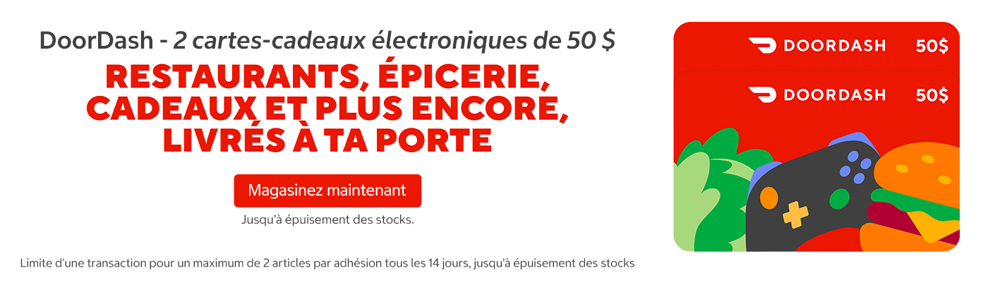 DoorDash - 2 cartes-cadeaux électroniques de 50 $.  Limite d'une transaction pour un maximum de 2 articles par adhésion tous les 14 jours, jusqu’à épuisement des stocks.