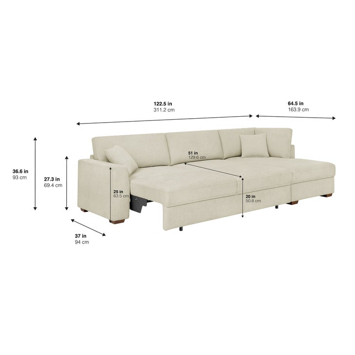 Diagram showing the dimensions of the sectional sofa.