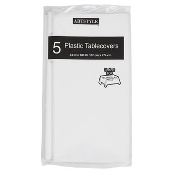 Artstyle Rectangular Plastic Table Cover, 54"W x 108"L, White, 5 ct