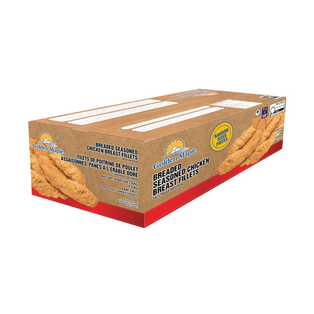 Golden Maple frozen uncooked breaded seasoned chicken breast fillets