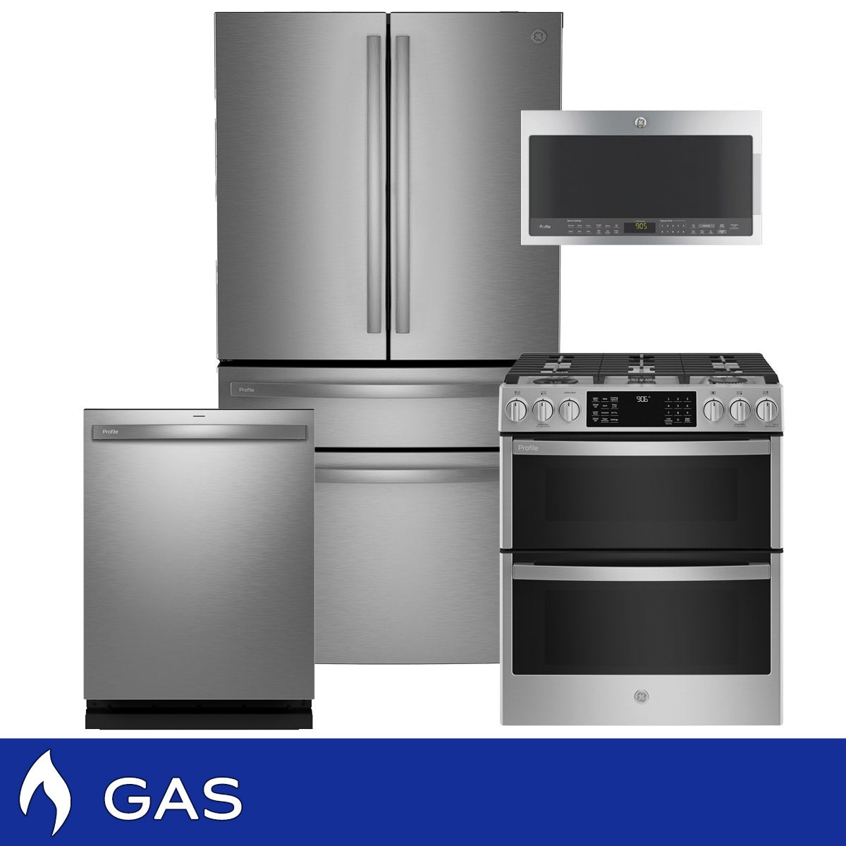 GE Profile 4-Piece GAS Kitchen Package with 28.7 cu. ft. 4-Door French Door Refrigerator