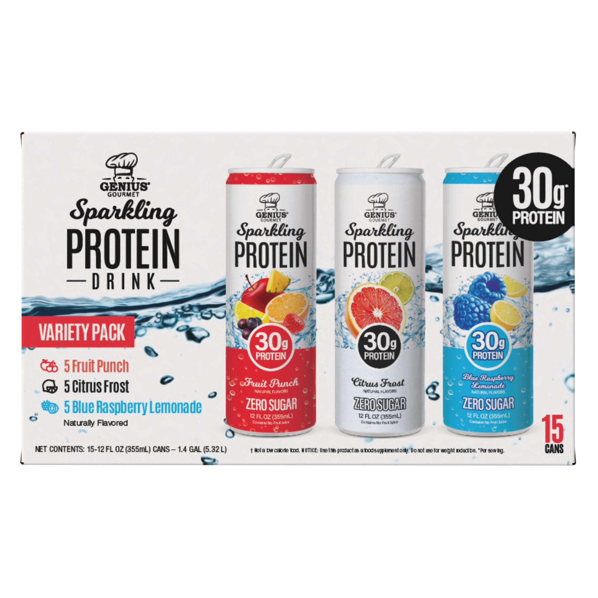 Genius Gourmet Sparkling Clear 30g Protein Variety Pack, 12 fl oz