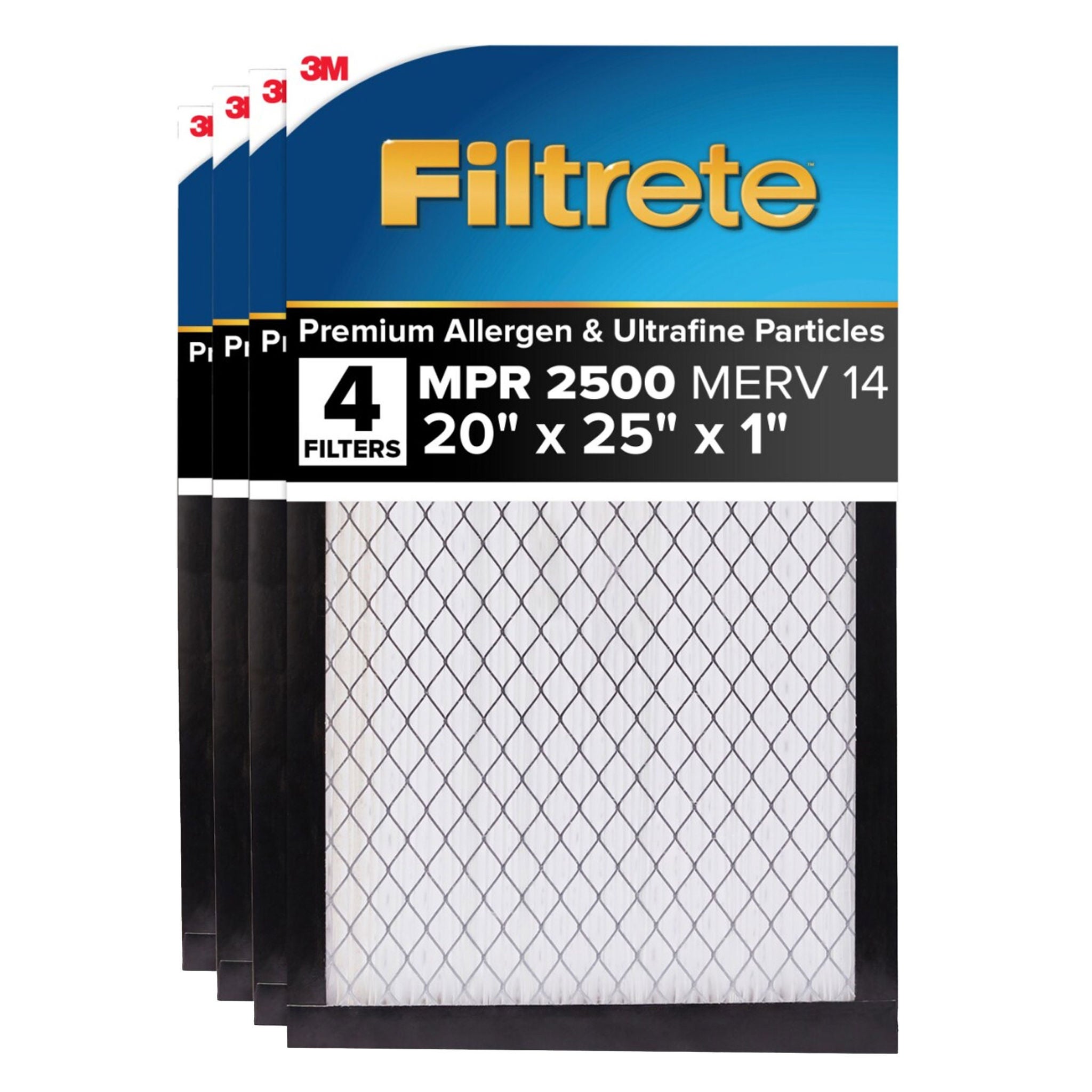 Filtrete Air Filter 1”, MPR 2500 MERV 14, High Performance Premium Allergen, Ultrafine Particles, Bacteria and Virus Filter, 4-pack, 20 x 25 x 1
