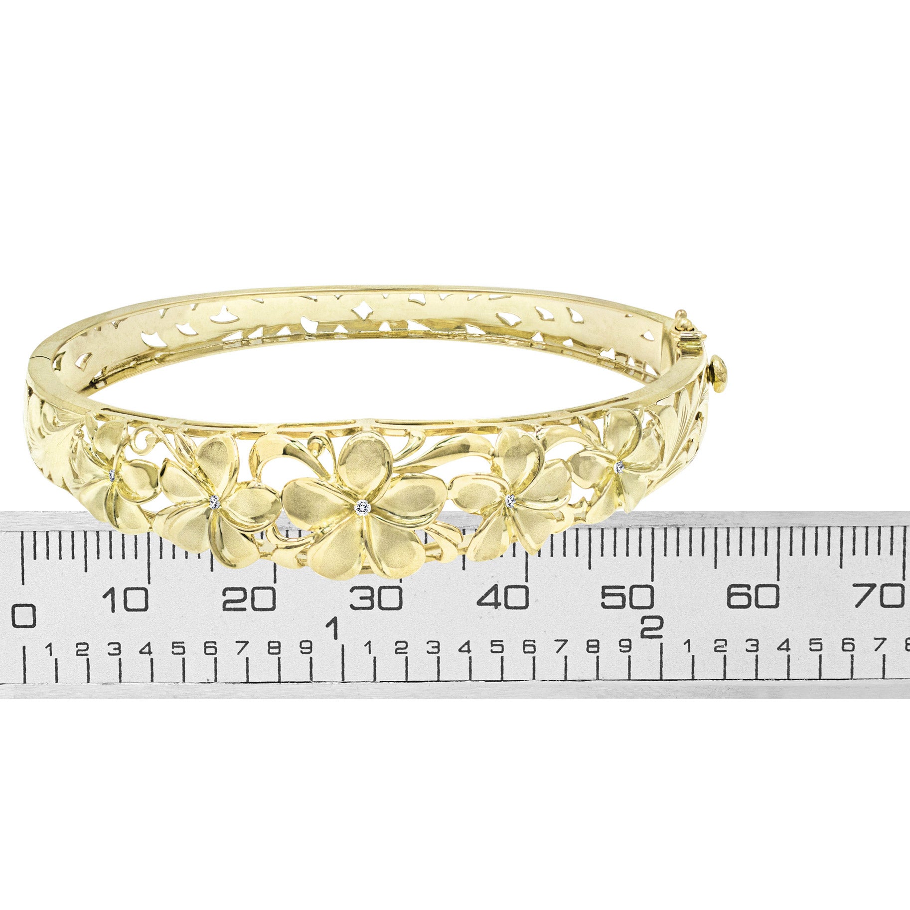 Honolulu Jewelry 14kt Yellow Gold Five Plumeria Diamond Bangle