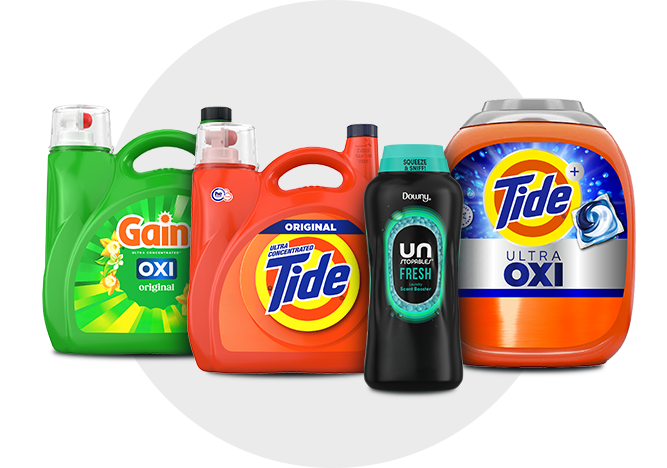 P&G fabric care laundry products, featuring Gain, Tide liquid detergent, Tide Pods, and Downy beads