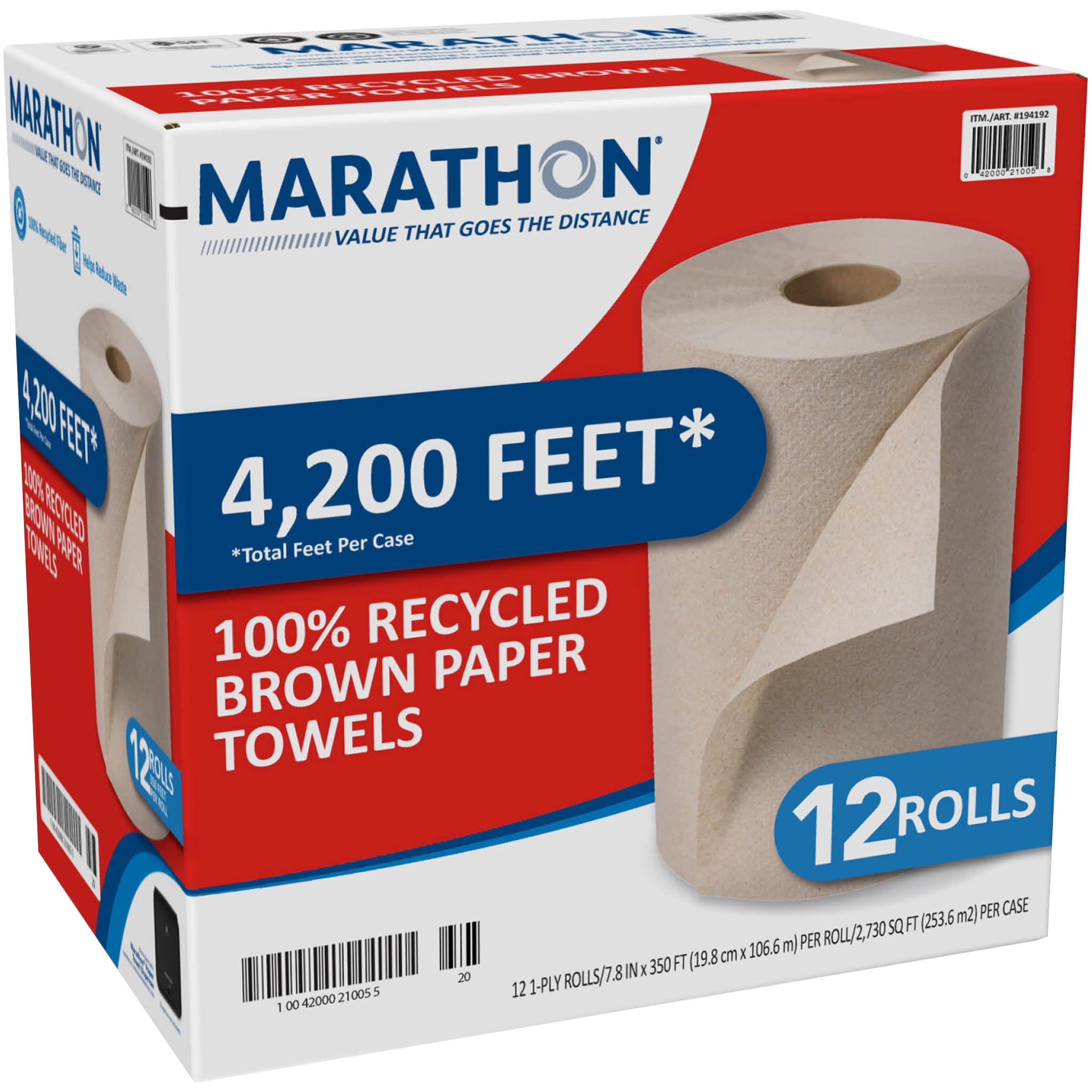 Marathon 100% Recycled Paper Towel, Brown, 1-Ply, 350 ft Rolls, 12-count