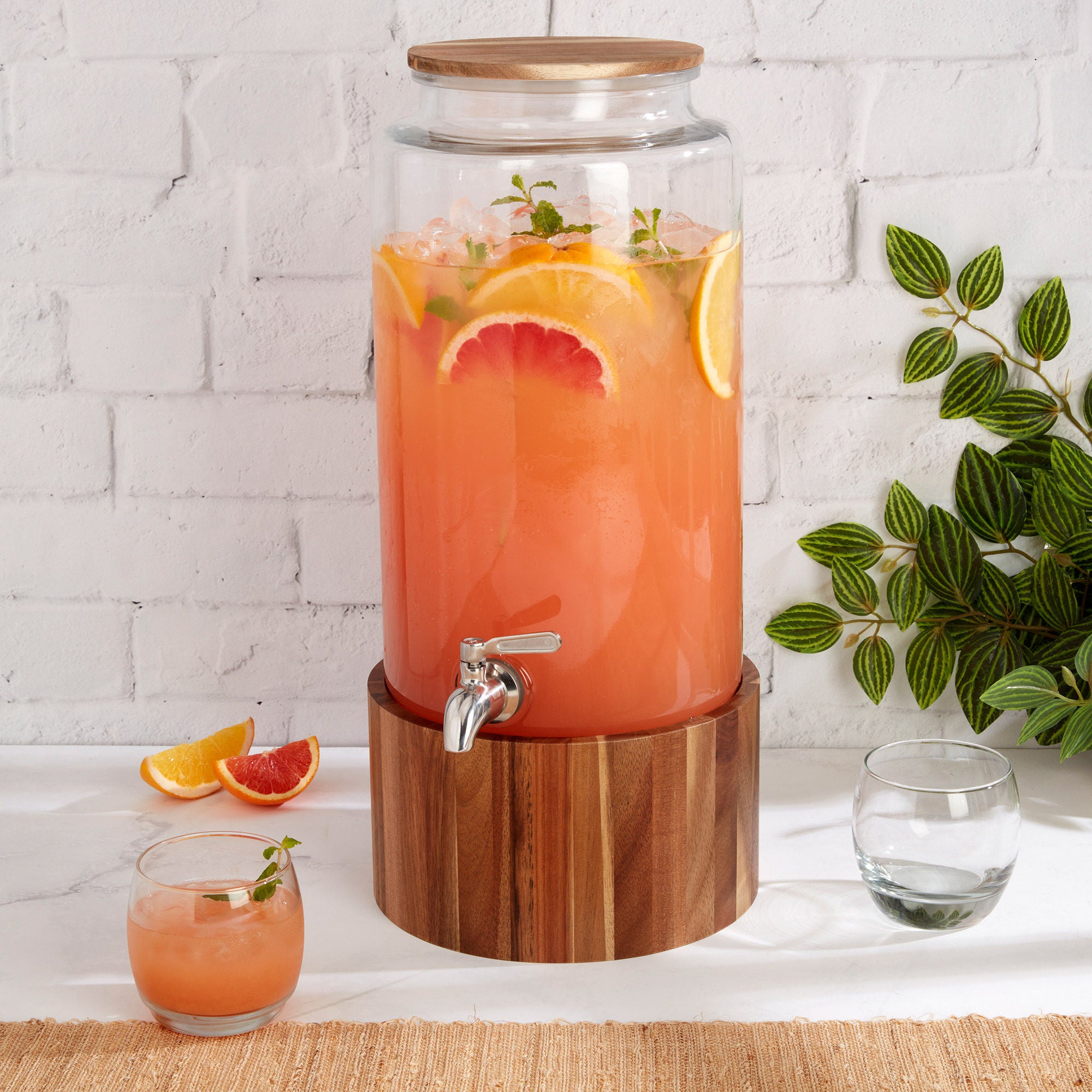 STUDIO TU GLASS DRINK DISPENSER WITH ACACIA WOOD STAND