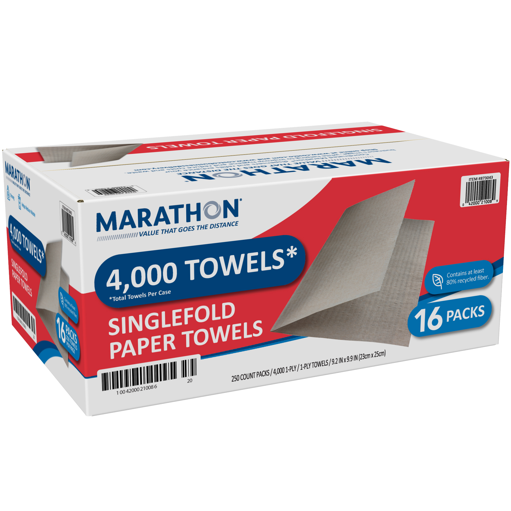 Marathon Paper Towel, Brown, Singlefold, 1-Ply, 250-count, 16-pack