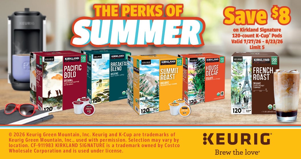 SAVE $8 on Kirkland Signature Organic Summit Roast, Pacific Bold, Breakfast Blend, House Decaf Coffee, Keurig K-Cup Pods, 120 ct