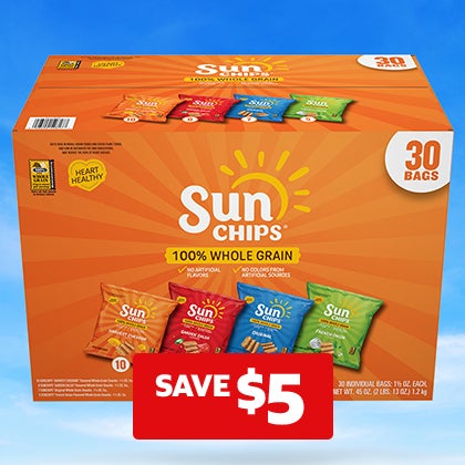 SAVE $5 on SunChips Whole Grain Snacks, Variety Pack, 1.5 oz, 30 ct