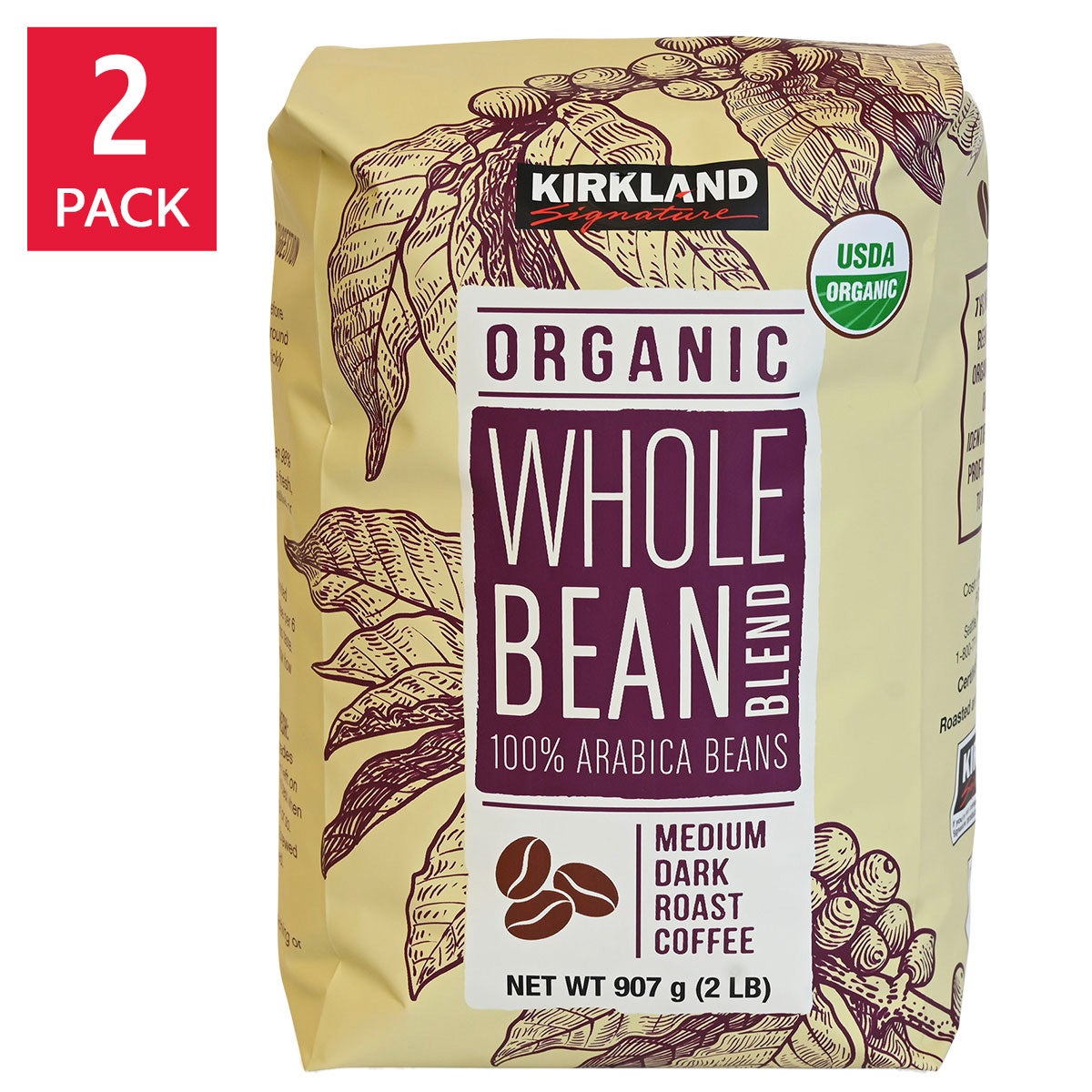 Kirkland Signature USDA Organic Whole Bean Blend 2 lb, 2-pack | Costco
