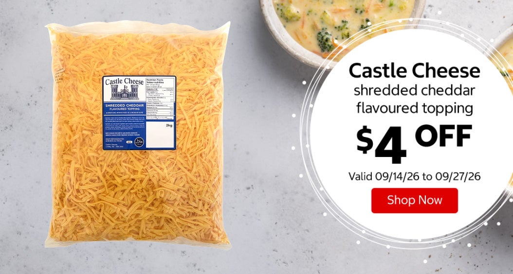 Castle Cheese shredded cheddar flavoured topping $4 OFF Valid 09/14/26 to 09/27/26 Shop Now 