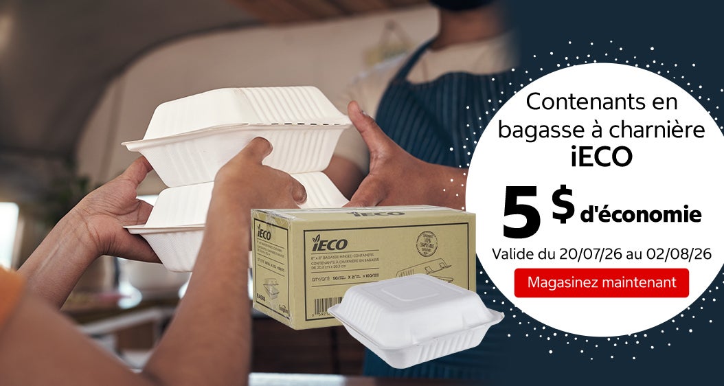 Contenants en bagasse à charnière iECO 5 $ d'économie. Valide du 20/07/26 au 02/08/26. Magasinez maintenant