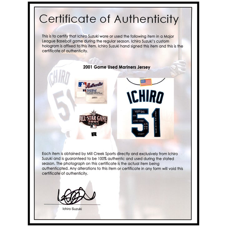 Ichiro Suzuki Autographed Seattle Mariners Game Used 2001 Rookie