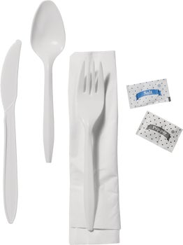 Vital International Solutions Plastic Fork, Knife, Spoon, Napkin, Salt & Pepper Cutlery Kit, White, 250 ct