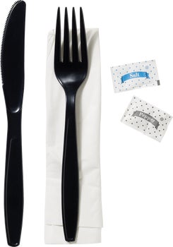 Vital International Solutions Plastic Fork, Knife, Napkin, Salt & Pepper Cutlery Kit, Black, 250 ct