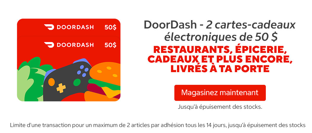 DoorDash - 2 cartes-cadeaux électroniques de 50 $.  Limite d'une transaction pour un maximum de 2 articles par adhésion tous les 14 jours, jusqu’à épuisement des stocks.