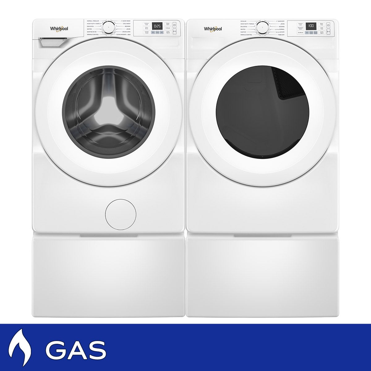 Whirlpool 4.5 cu. ft. Front Load Washer, 7.4 cu. ft. Front Load GAS Dryer, and Pedestals Package