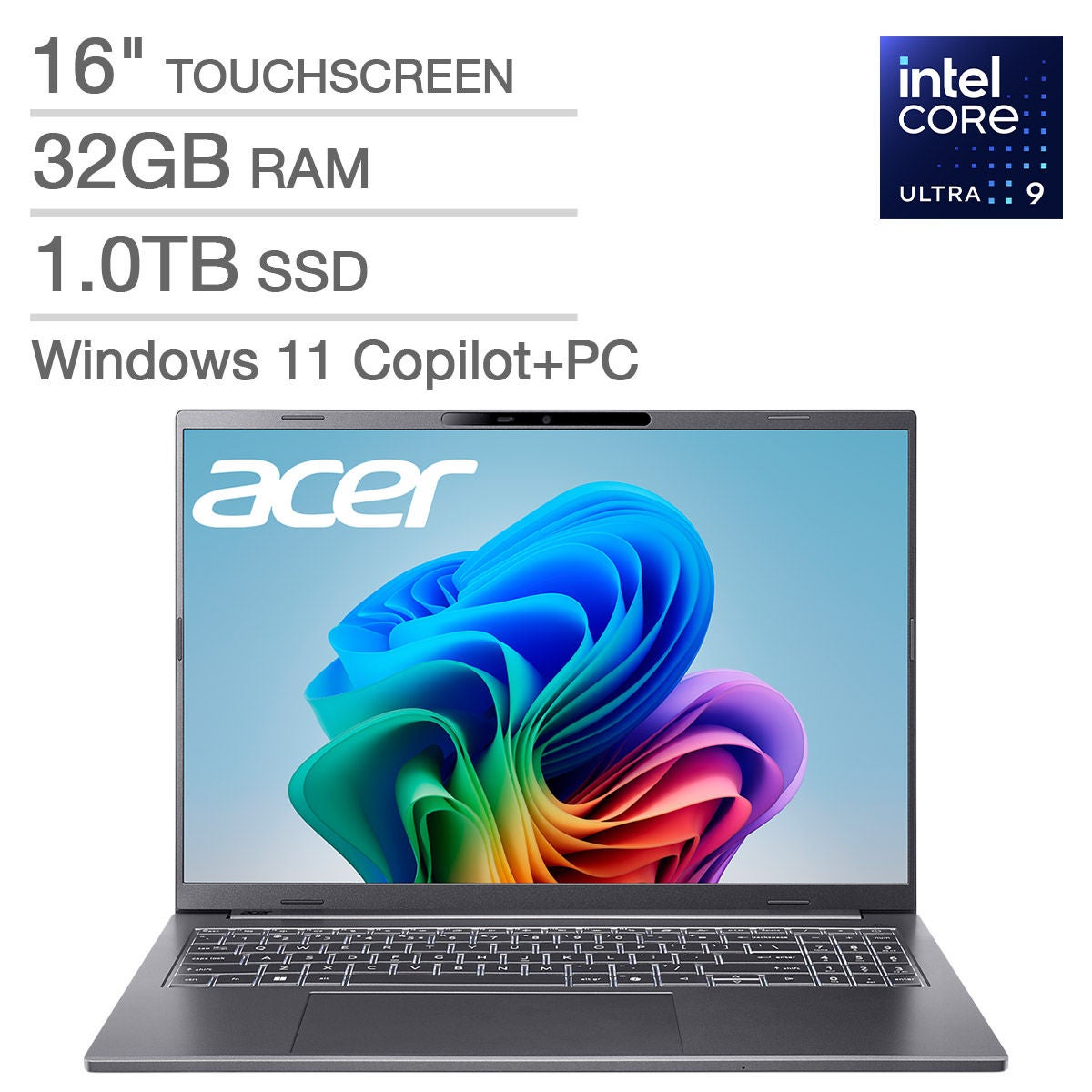Acer Aspire 16" AI Copilot+ PC Touchscreen Laptop — Intel Core Ultra 9 processor 288V — WUXGA (1920 x 1200) — 32GB RAM — 1TB SSD — Windows 11 Home — Steel Gray