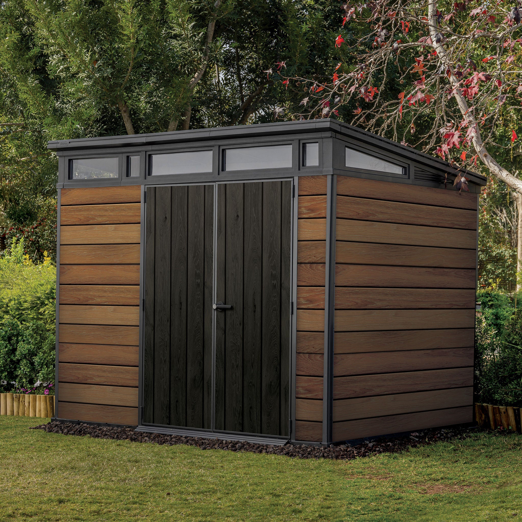 Keter Signature Collection 9x7 Modern Outdoor Storage Shed, Walnut