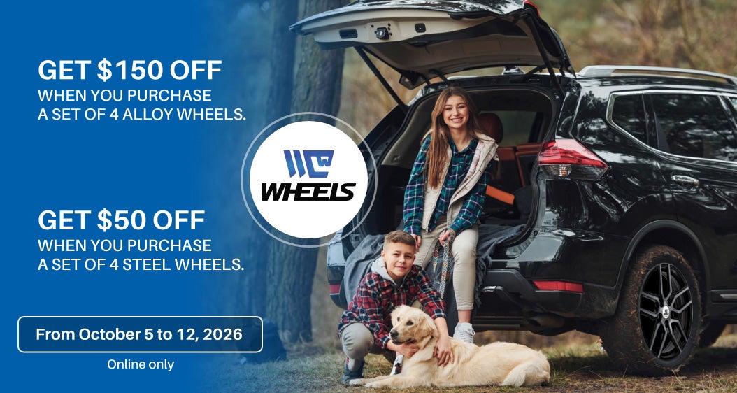 RTI Wheels. Get $150 off when you purchase a set of 4 alloy wheels. Get $50 off when you purchase a set of 4 steel wheels. From October 5 to 12, 2026. Online only.