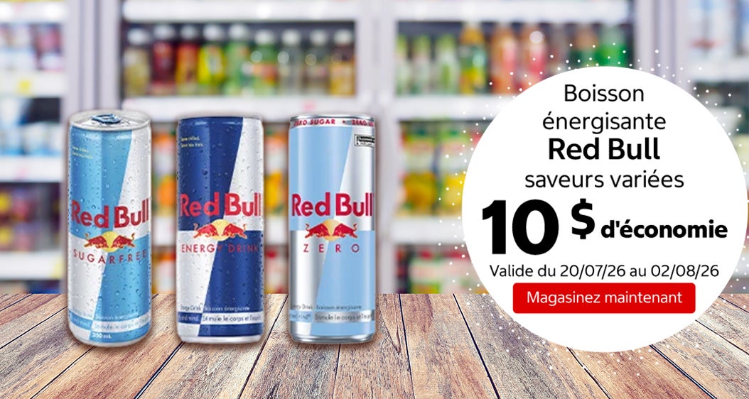 Boisson énergisante Red Bull saveurs variées 10 $ d'économie. Valide du 20/07/26 au 02/08/26. Magasinez maintenant