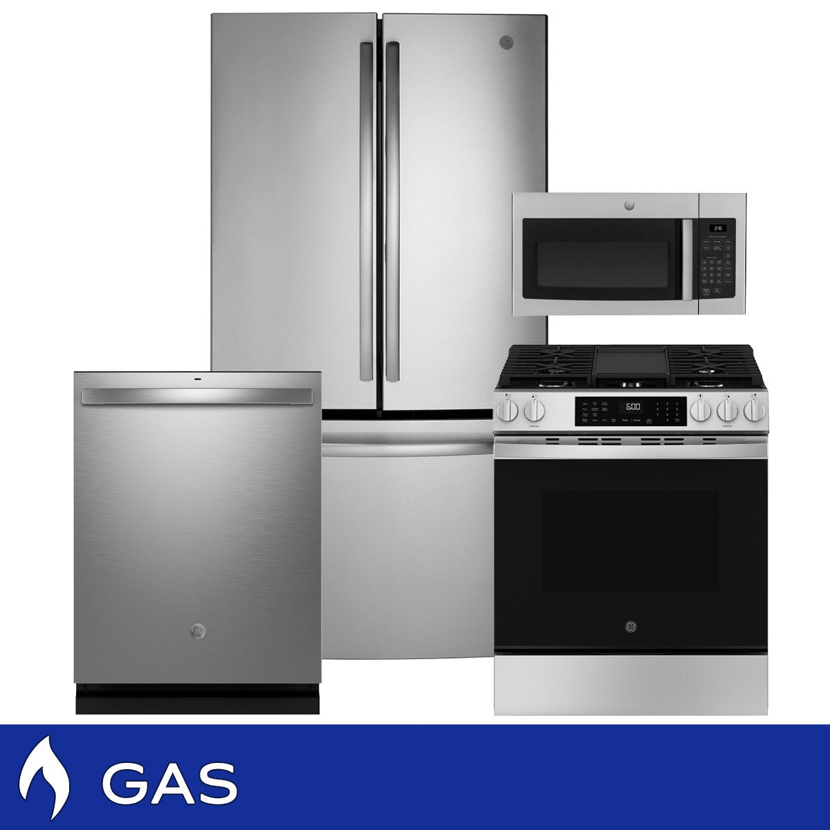 GE 4-piece GAS Kitchen Package with 27 cu. ft. French Door Refrigerator