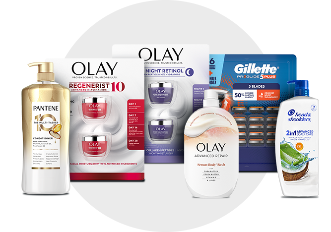 P&G beauty and grooming products like Pantene, Olay creams and wash, Gillette, and Head & Shoulders