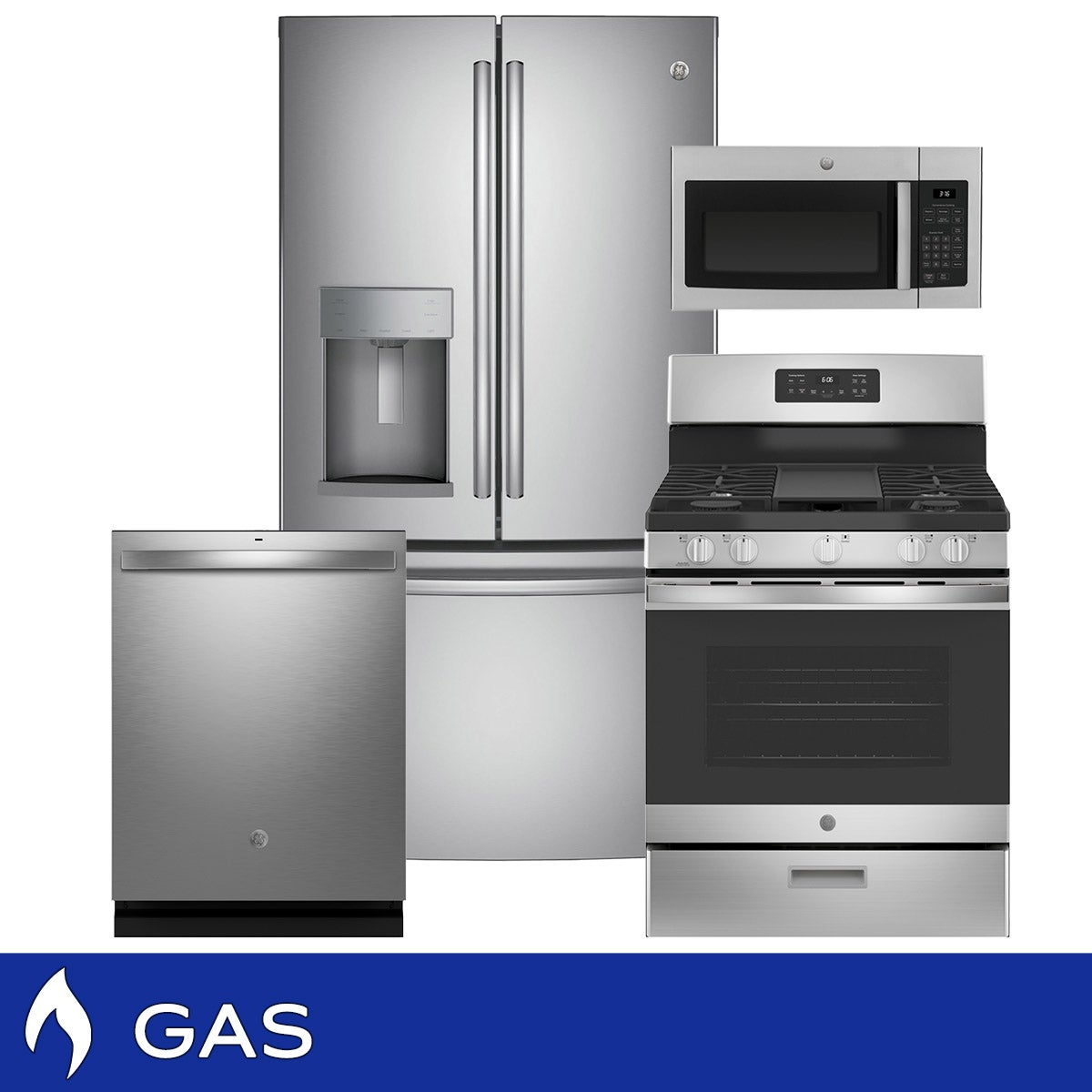 GE 4-Piece GAS Kitchen Package with 27.8 cu. ft. French Door Refrigerator