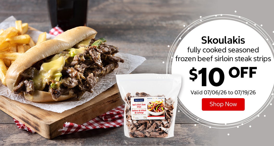 Skoulakis fully cooked seasoned frozen beef sirloin steak strips $10 OFF Valid 07/06/26 to 07/19/26 Shop Now 