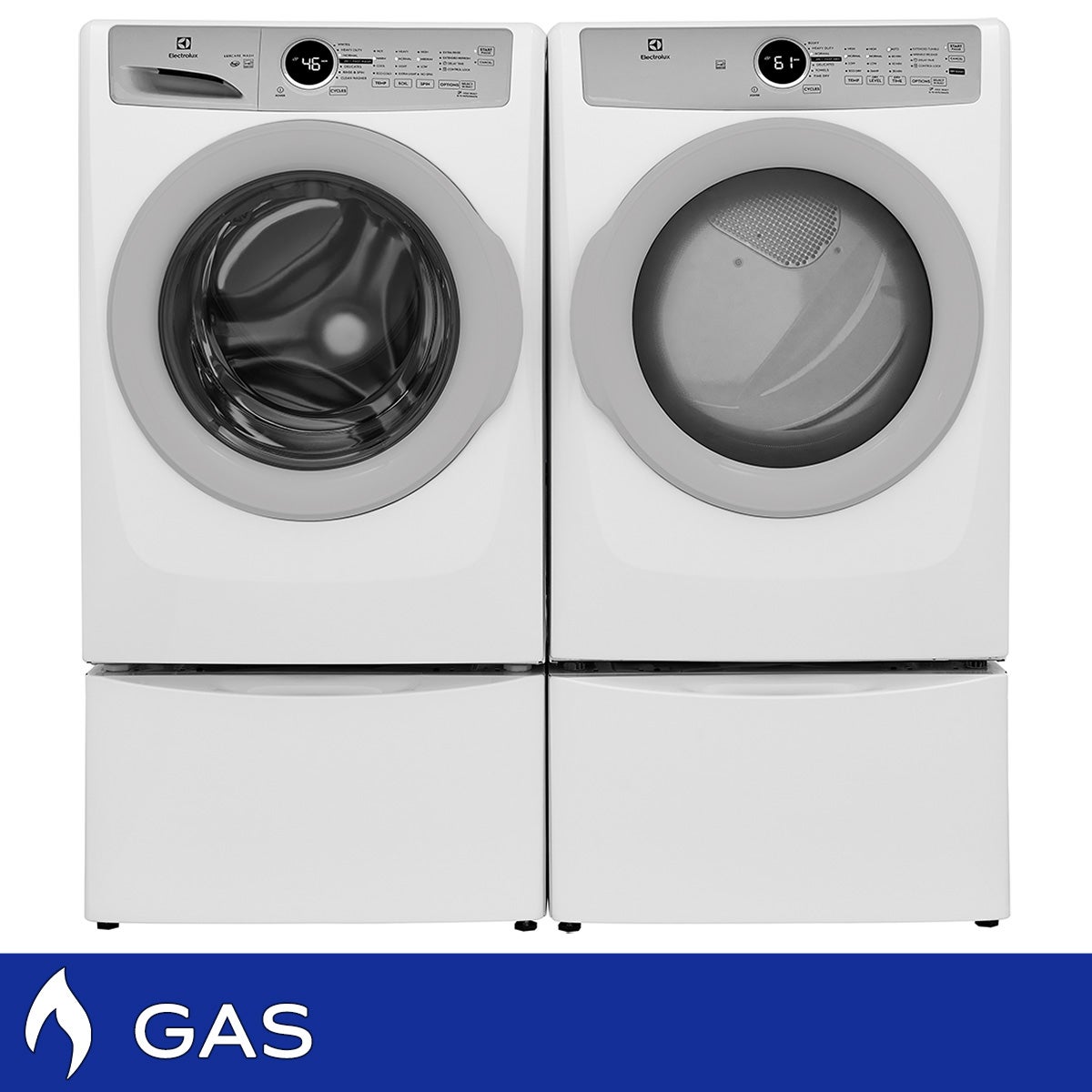 Electrolux Front Load 4.4 cu. ft. Washer with LuxCare Wash System and 8.0 cu. ft. Gas Dryer with Luxury-Quiet Sound System with Storage Pedestals