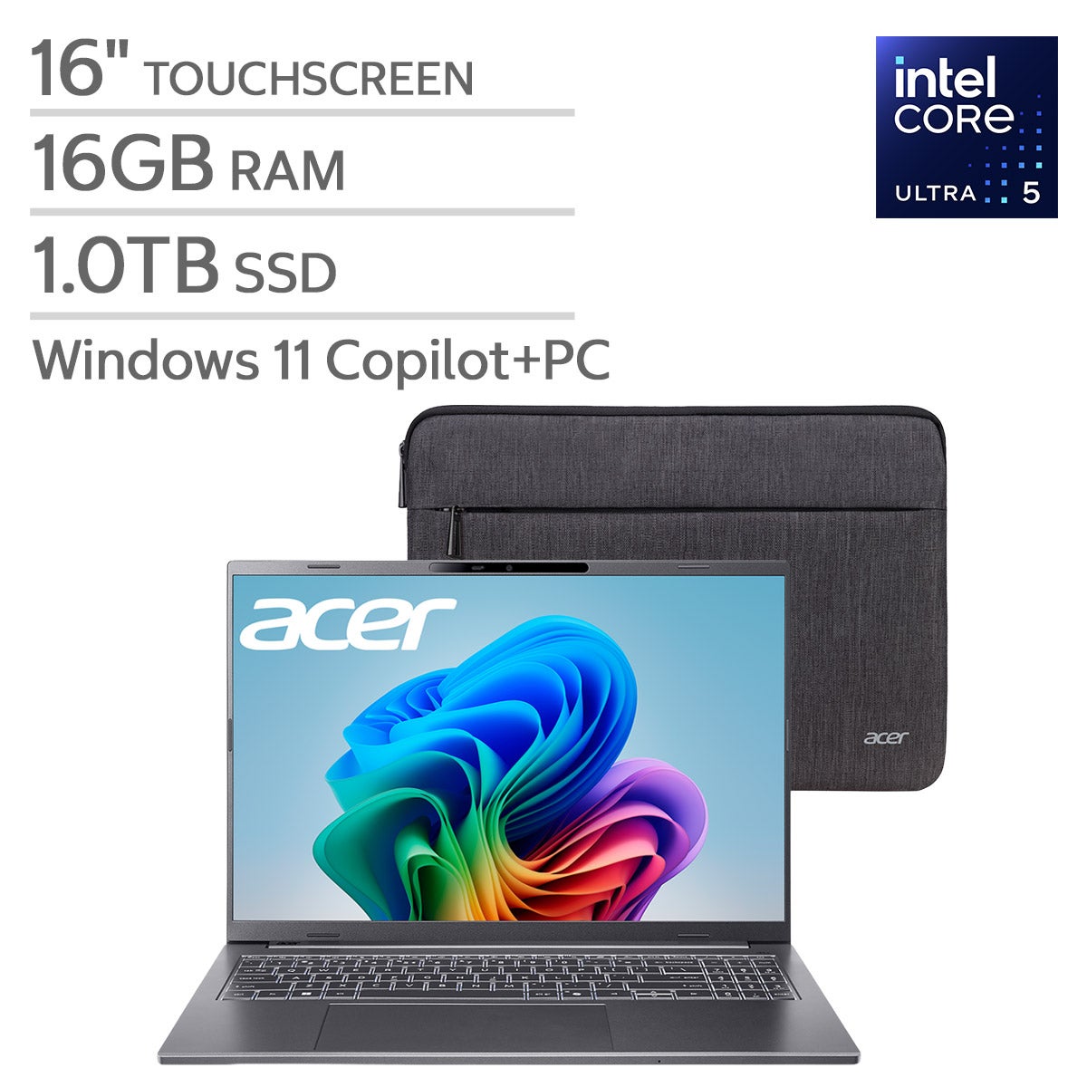 Acer Aspire 16" AI Copilot+ PC Touchscreen Laptop - Intel Core Ultra 5 processor 226V - WUXGA (1920 x 1200) Touchscreen - 16GB RAM - 1TB SSD - Windows 11 Home - Steel Gray