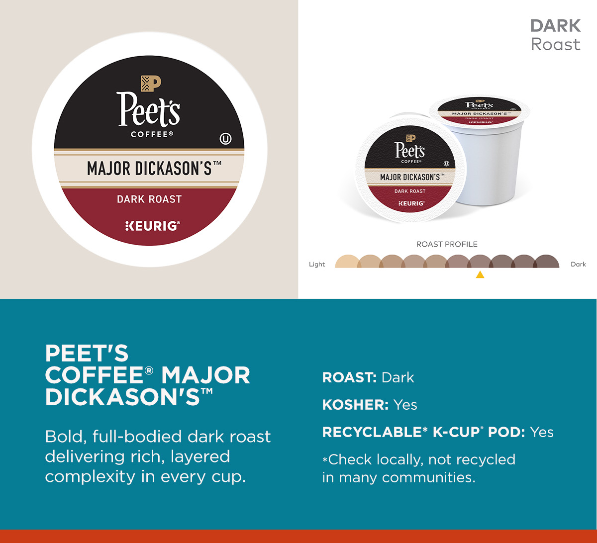 Peets coffee major dickason's. Bold, full-bodied dark roast delivering rich, layered complexity in every cup. Roast: Dark. Kosher: Yes. Recyclable* K-Cup POD: Yes. *Check locally, not recycled in many communities. 
