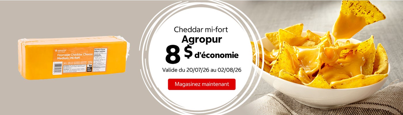 Cheddar mi-fort Agropur 8 $ d'économie. Valide du 20/07/26 au 02/08/26. Magasinez maintenant