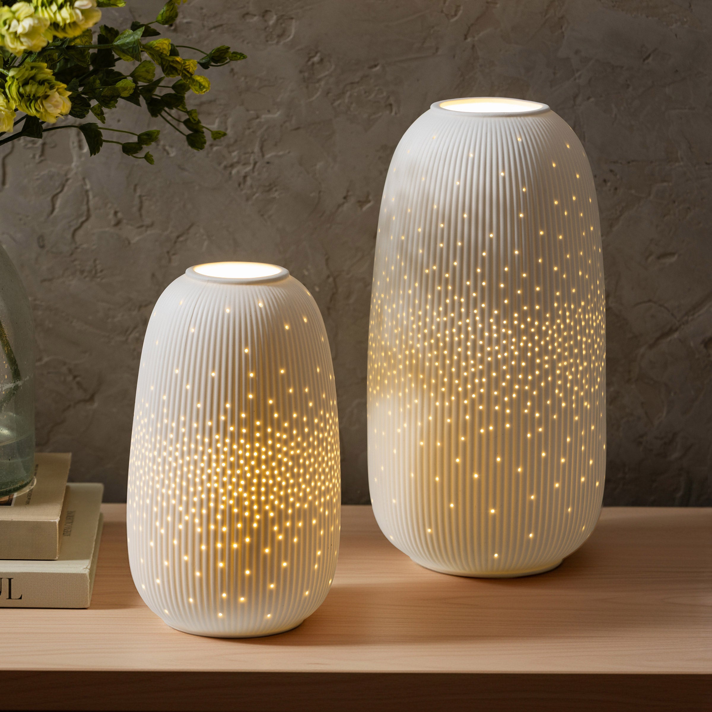 EVERGREEN LED PORCELAIN LANTERNS SET OF 2