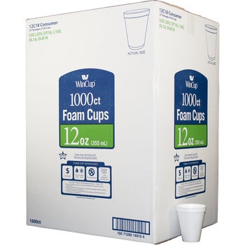 WinCup Foam Cold and Hot Cups, 12 oz, White, 1000 ct