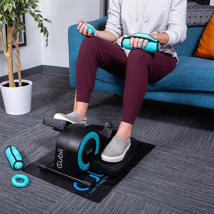 Cubii JR1 Elliptical Bundle with Mat, Ergonomic Dumbbells, and