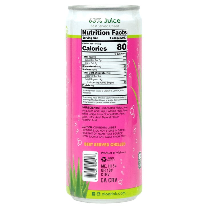 Alo Aloe Vera Sparkling Juice Drink, Passion Fruit + Peach, 11.2