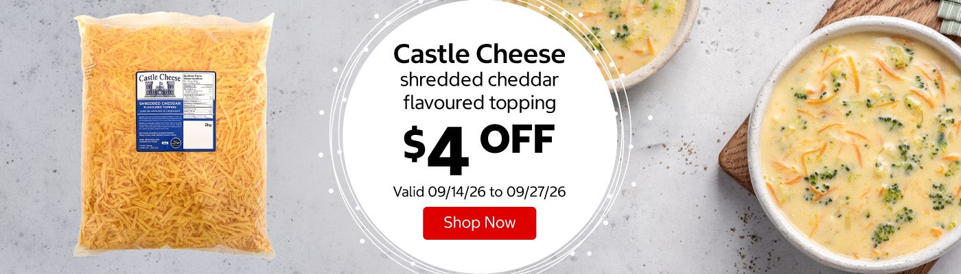Castle Cheese shredded cheddar flavoured topping $4 OFF Valid 09/14/26 to 09/27/26 Shop Now 