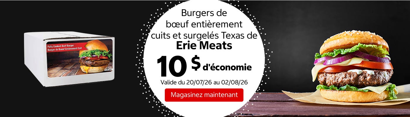 Burgers de bœuf entièrement cuits et surgelés Texas de Erie Meats 10 $ d'économie. Valide du 20/07/26 au 02/08/26. Magasinez maintenant