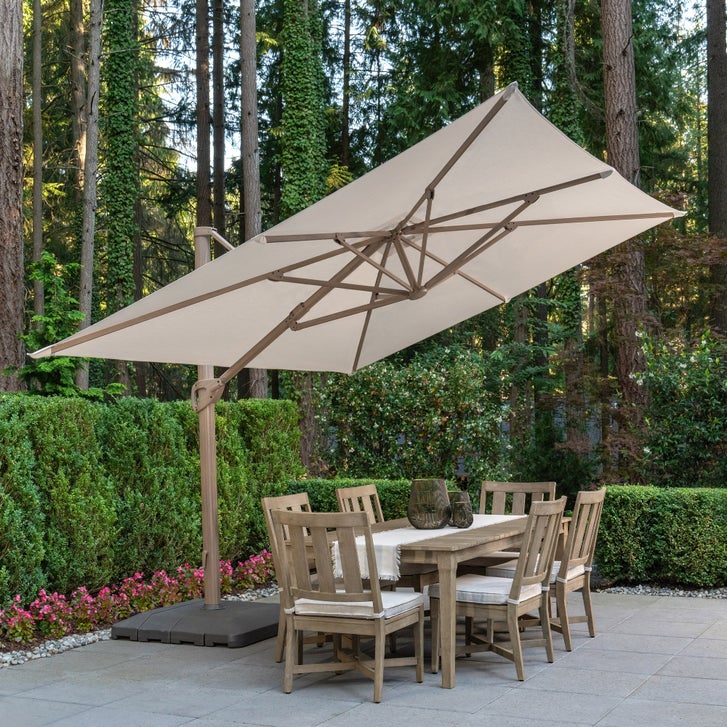 cantilever umbrella for patio 2-Tier Square LED Offset w/ 360 Rotation, Base right adjustable tilt function 10' x 13' Wood-Look Seasons