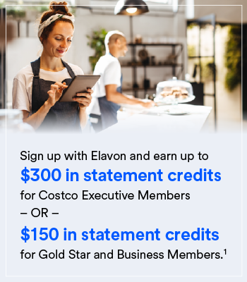 a woman holding a tablet - Sign up with Elavon and earn $300 or $150 in statement credits