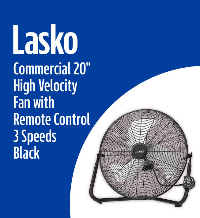 Lasko Commercial 20in High Velocity Fan with Remote Control, 3 Speeds, Floor/Wall-Mount, Black