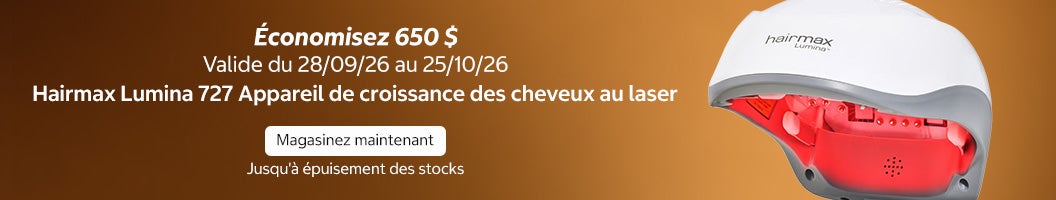 Hairmax Lumina 727 Appareil de croissance des cheveux au laser Économisez jusqu'à 650 $ Valide du 28/09/26 au 25/10/26 Magasinez maintenant Jusqu'à épuisement des stocks