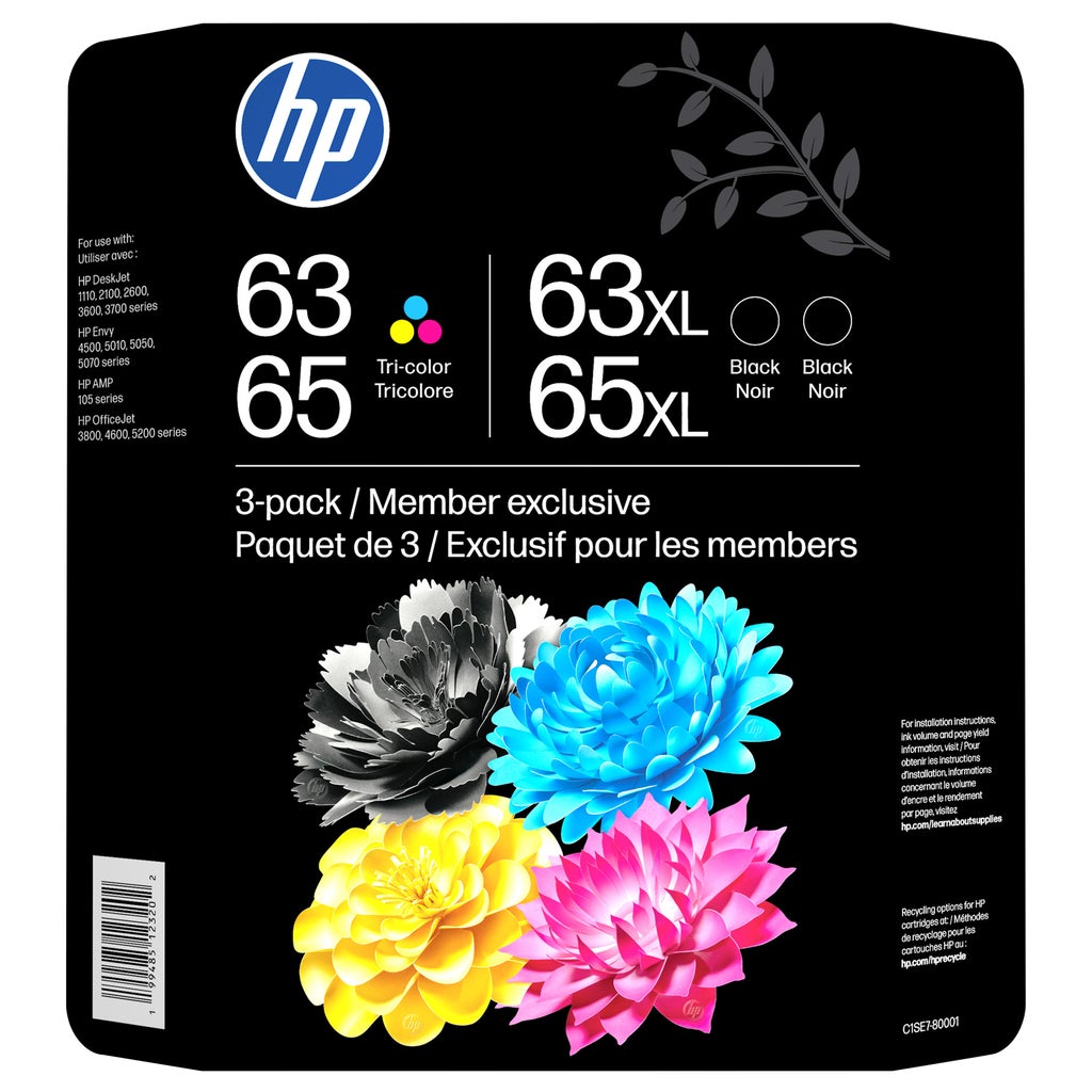 HP 63/65 Standard Yield Tri-color, 63XL/65XL High Yield Black Ink