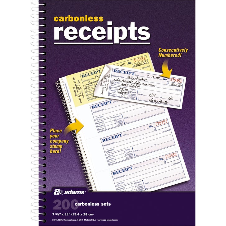 Adams Carbonless 2-Part Receipt Book, Numbered, 7-5/8