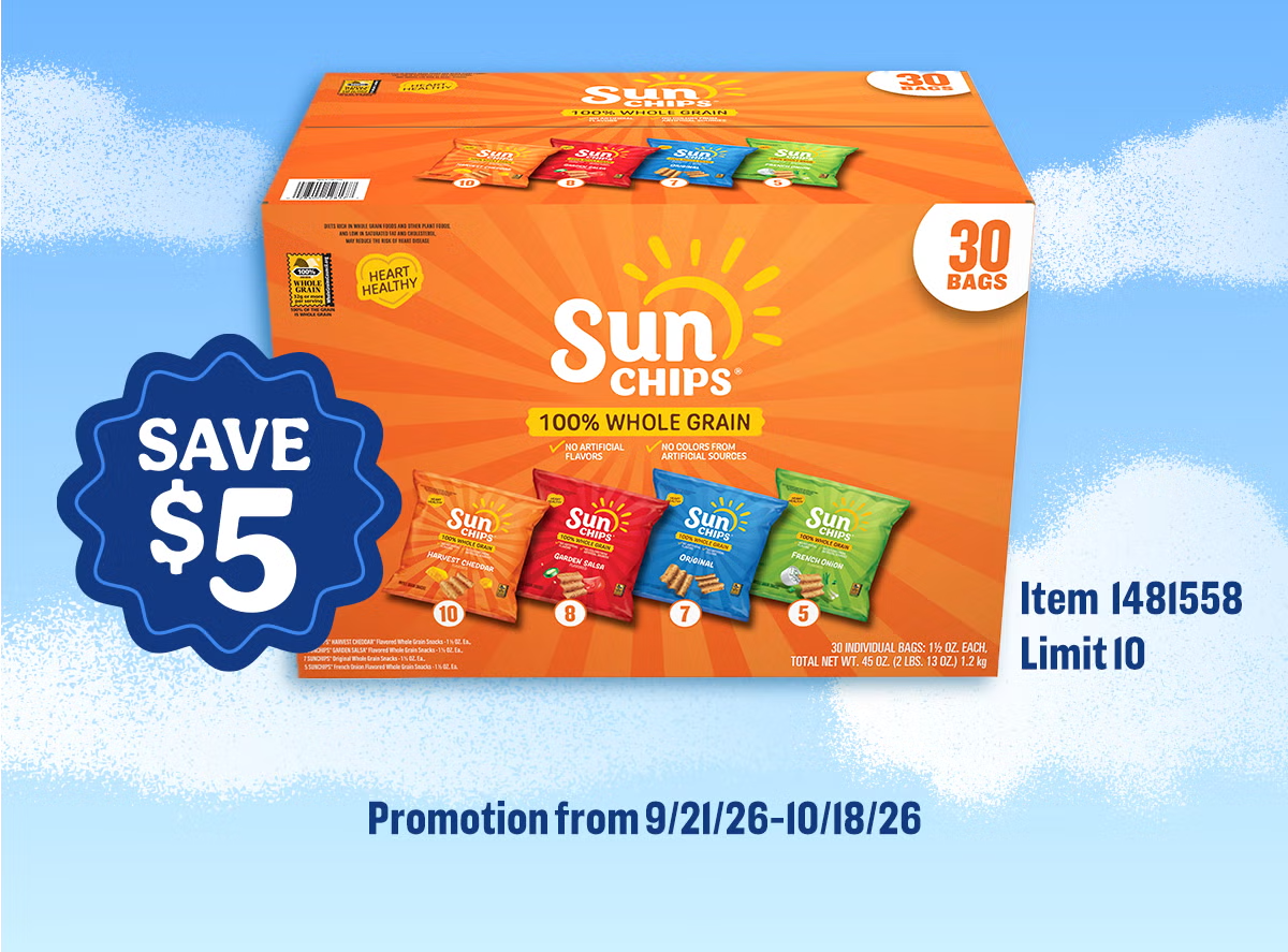 SAVE $5 SunChips Whole Grain Snacks, Variety Pack, 1.5 oz, 30 ct